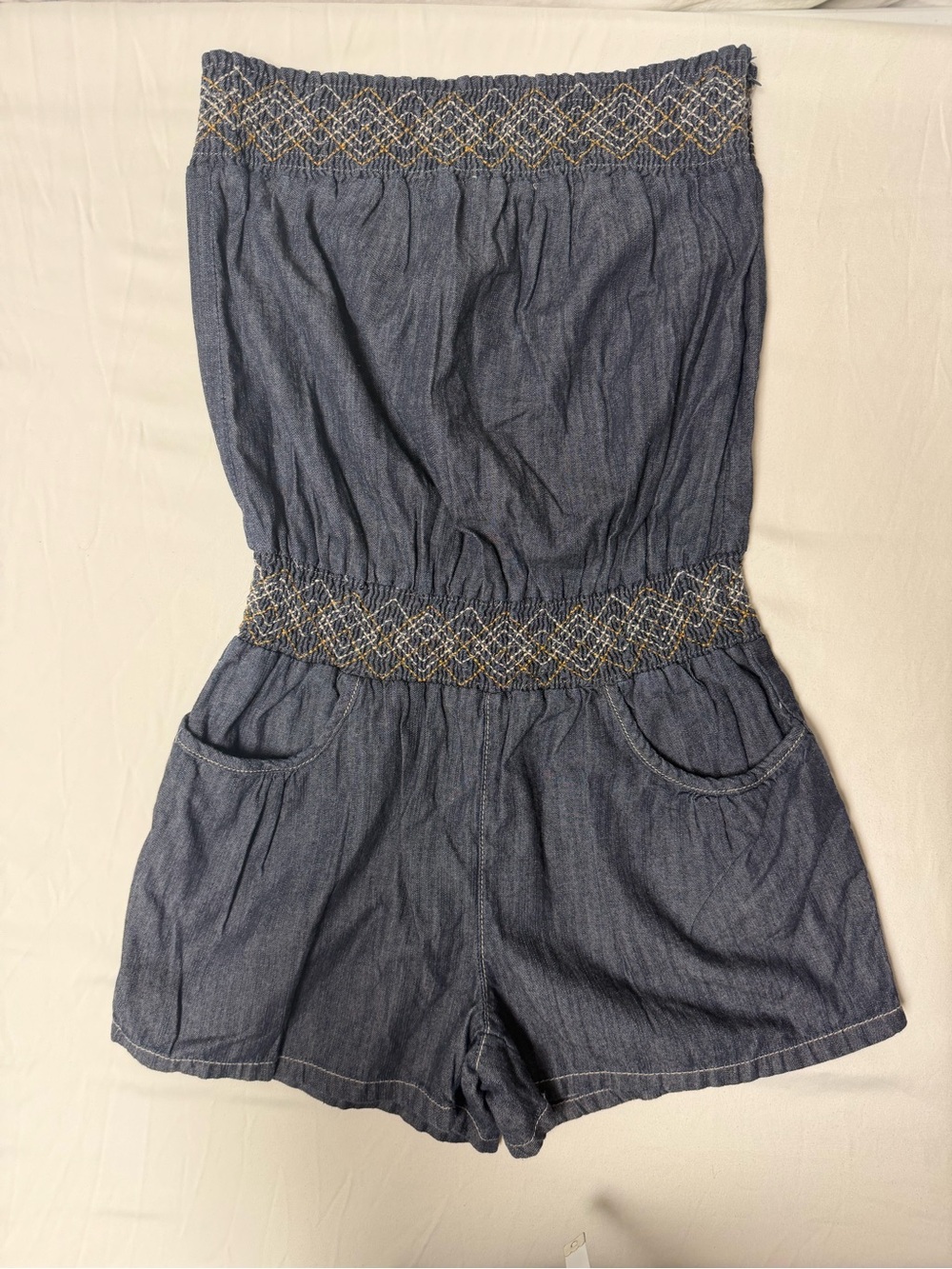 Blue Spice Strapless Jean Romper Women’s Medium Tag Missing Zip Side Pockets